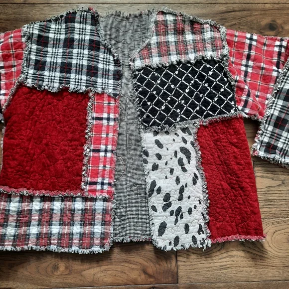 Patchwork Rag Quilt Upcycled Open Front Oversized Jacket - Picture 3 of 16